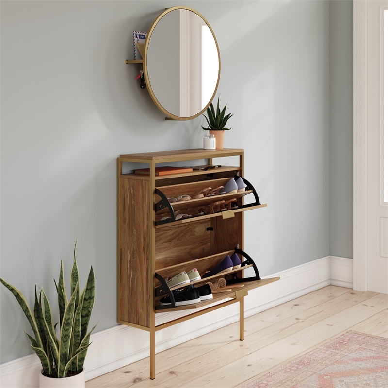 Pemberly Row Engineered Wood Shoe Organizer/Mirror in Natural Finish