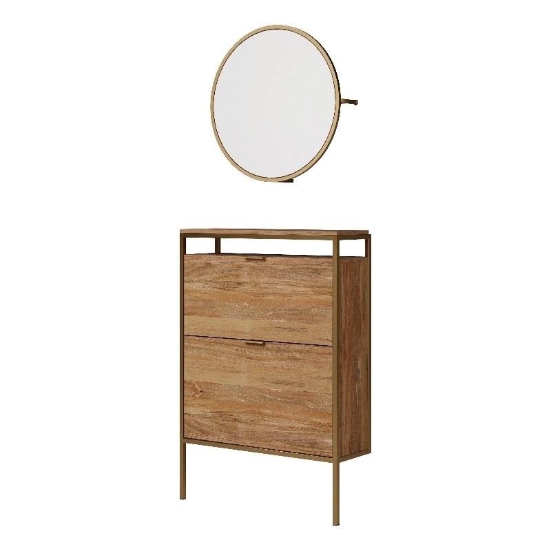 Pemberly Row Engineered Wood Shoe Organizer/Mirror in Natural Finish