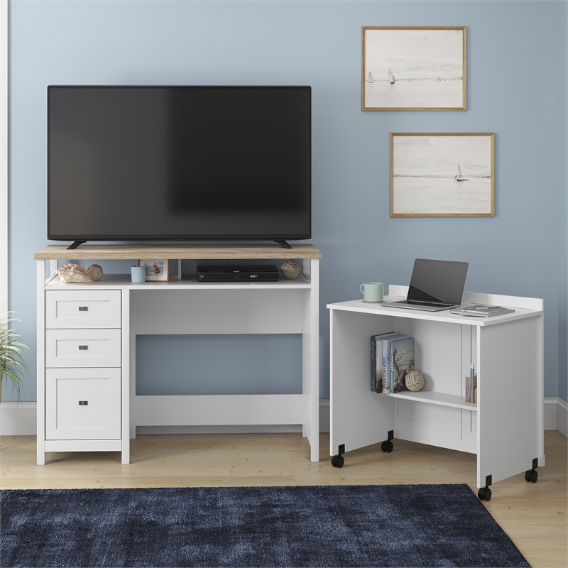 Pemberly Row Contemporary Engineered Wood Credenza Desk in White Finish