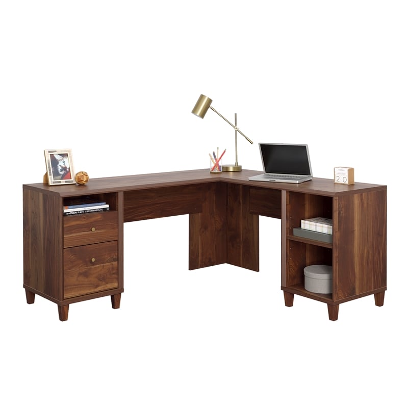 Pemberly Row Contemporary Engineered Wood L-Desk in Grand Walnut Finish