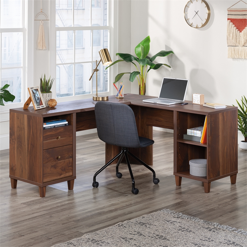 Pemberly Row Contemporary Engineered Wood L-Desk in Grand Walnut Finish