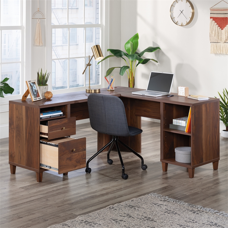 Pemberly Row Contemporary Engineered Wood L-Desk in Grand Walnut Finish