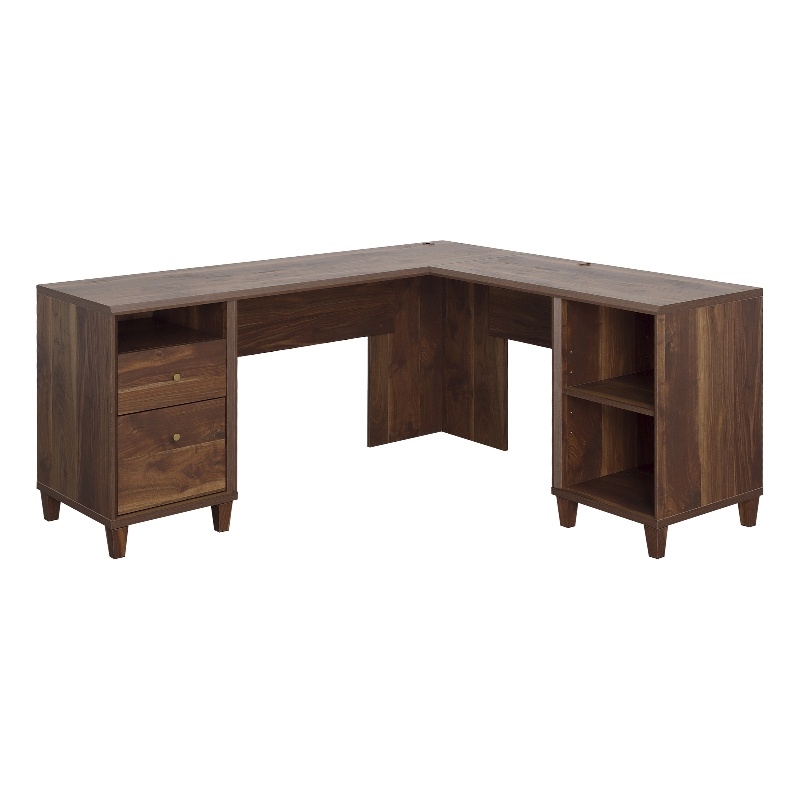 Pemberly Row Contemporary Engineered Wood L-Desk in Grand Walnut Finish