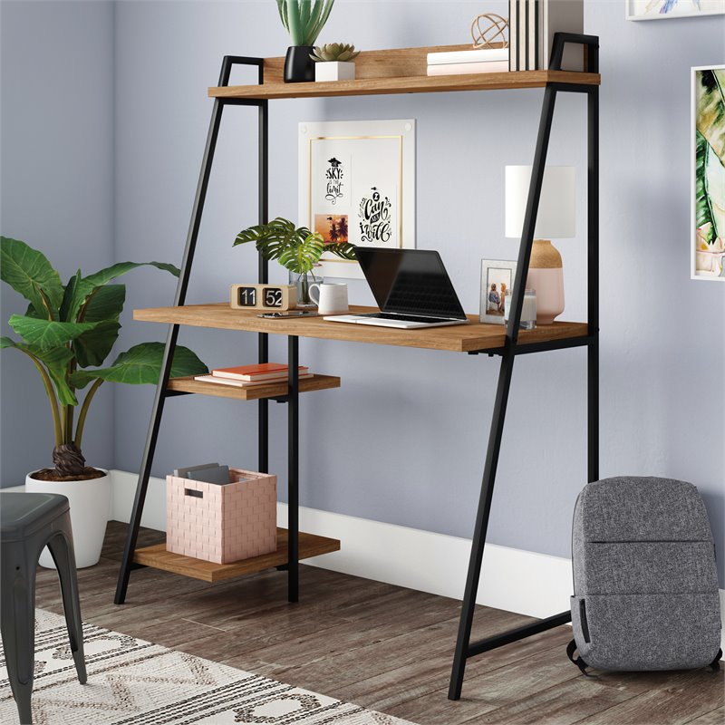 Pemberly Row Mid-Century Engineered Wood Computer Desk with Hutch in Brown