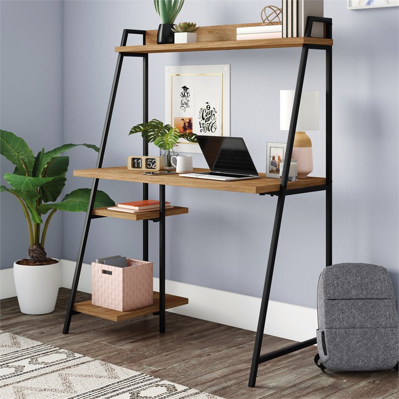 Pemberly Row Mid-Century Engineered Wood Computer Desk with Hutch in Brown