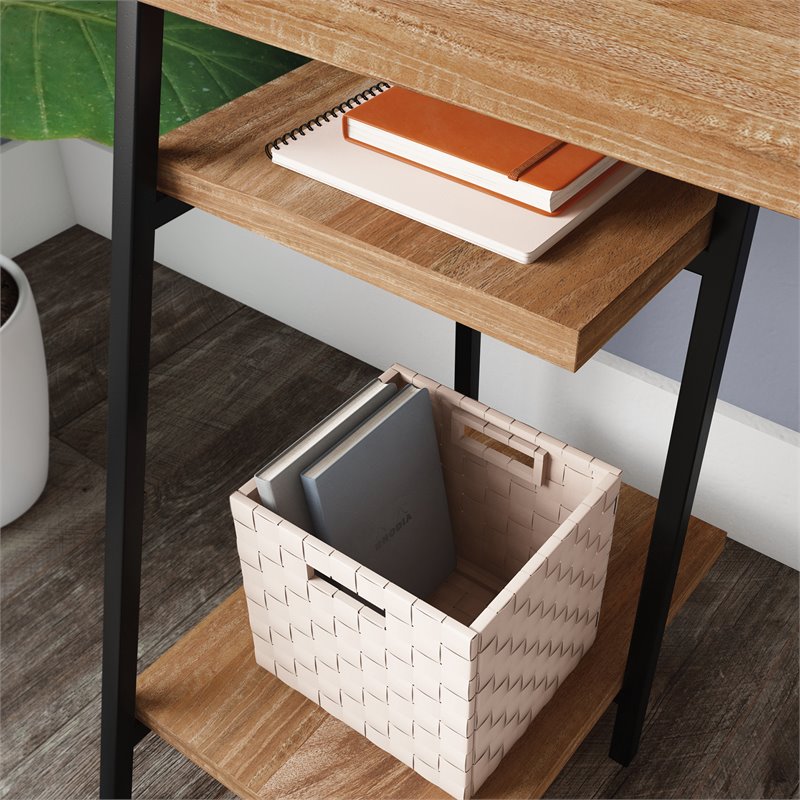 Pemberly Row Mid-Century Engineered Wood Computer Desk with Hutch in Brown