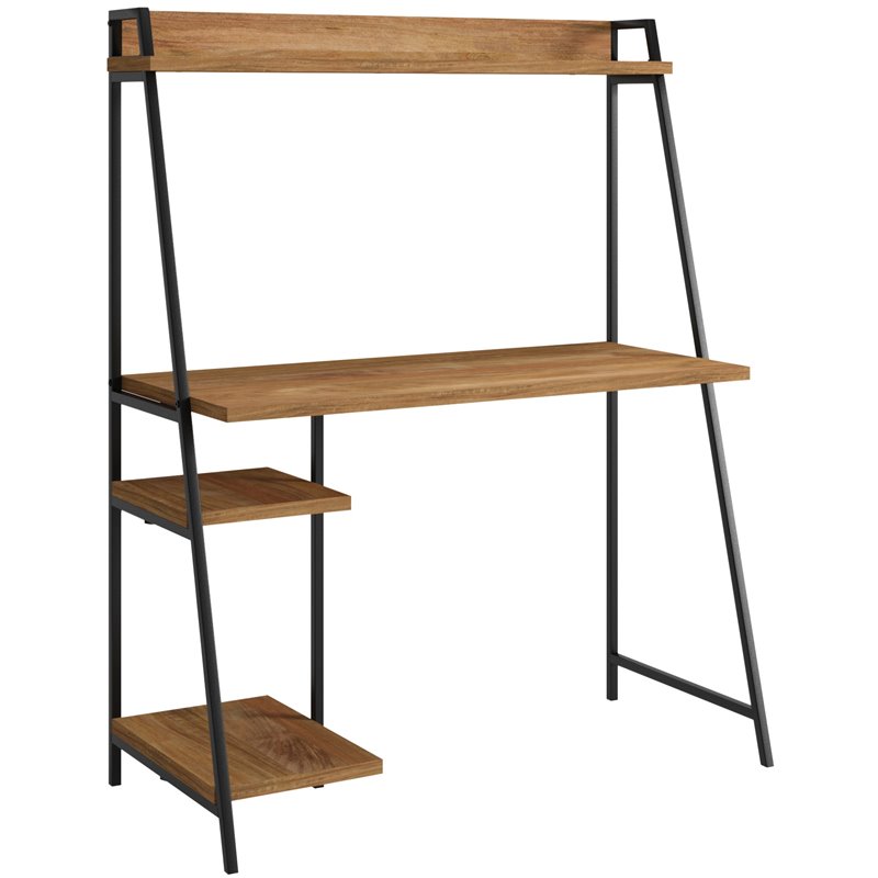 Pemberly Row Mid-Century Engineered Wood Computer Desk with Hutch in Brown