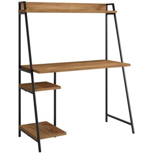 Pemberly Row Mid-Century Engineered Wood Computer Desk with Hutch in Brown