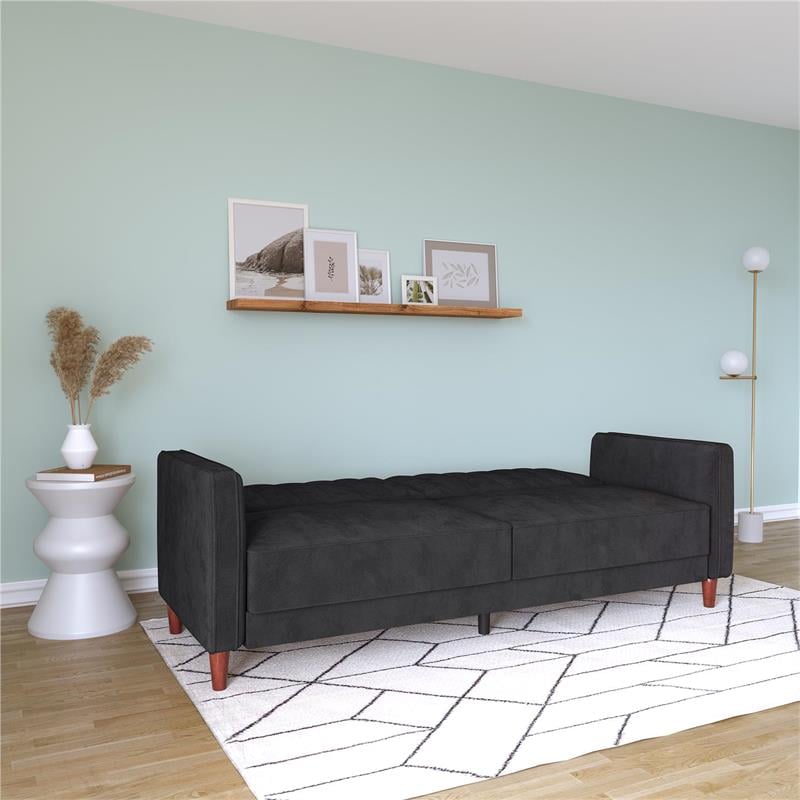 Pemberly Row Tufted Futon and Upholstered Sofa Sleeper Bed in Black Velvet