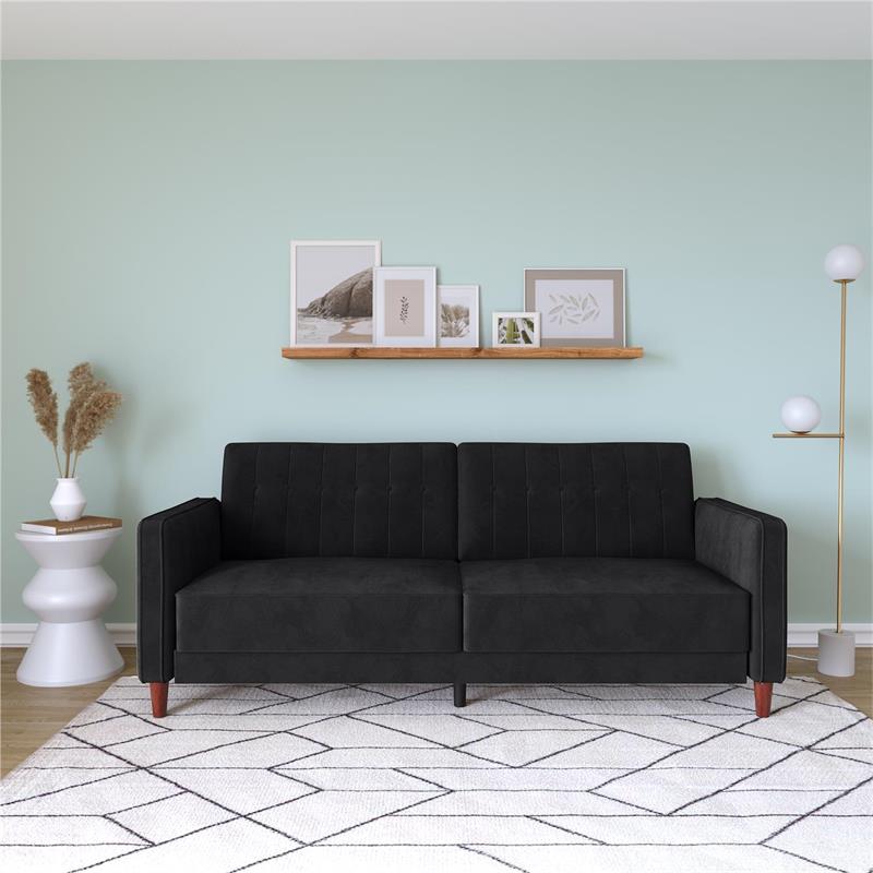 Pemberly Row Tufted Futon and Upholstered Sofa Sleeper Bed in Black Velvet
