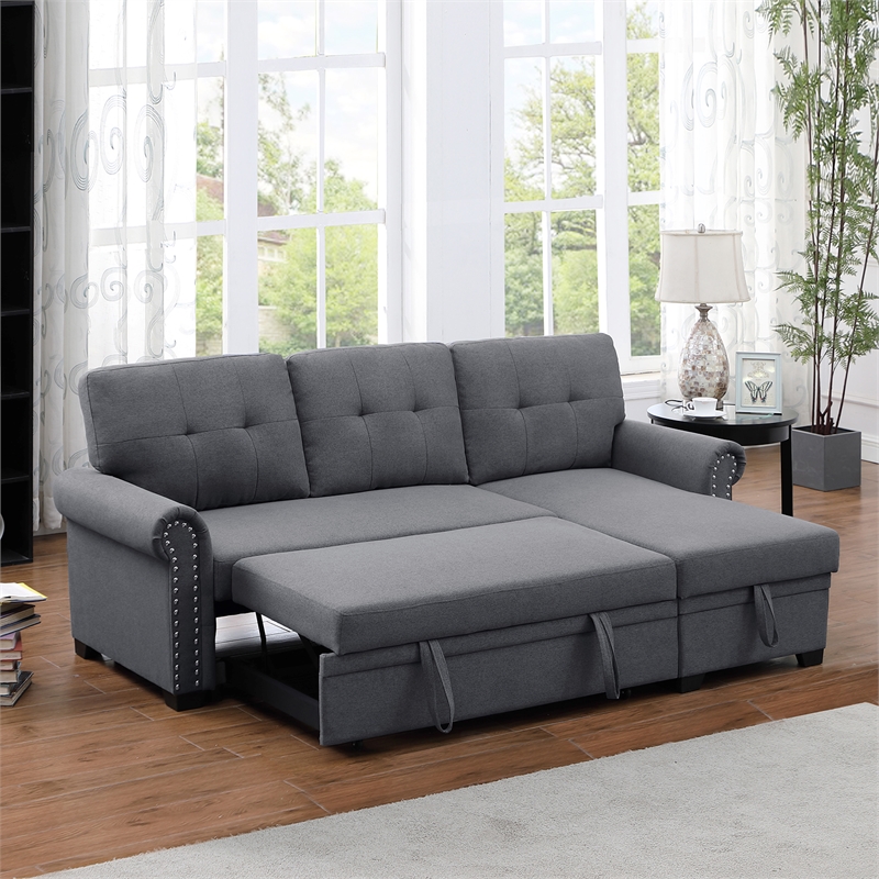 Pemberly Row Reversible Fabric Sleeper Sofa with Storage Chaise in Dark Gray