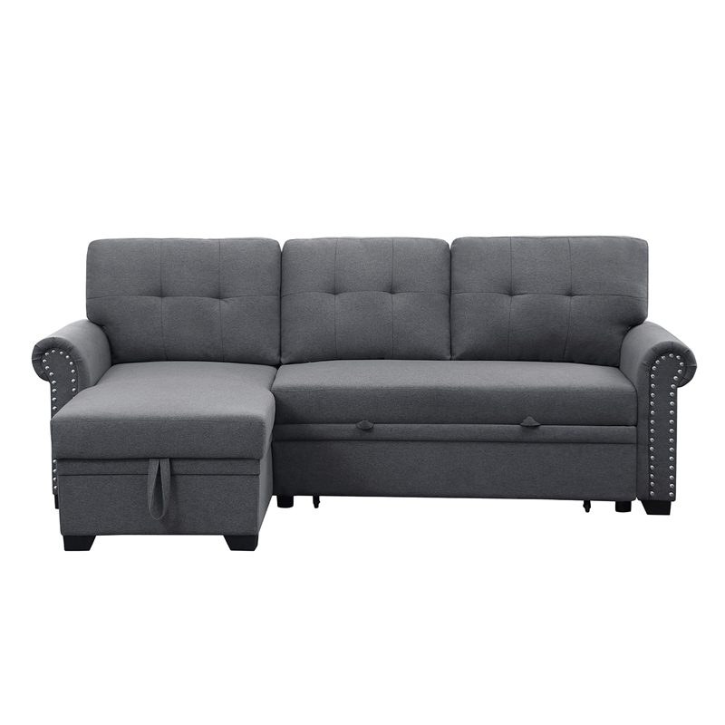 Pemberly Row Reversible Fabric Sleeper Sofa with Storage Chaise in Dark Gray
