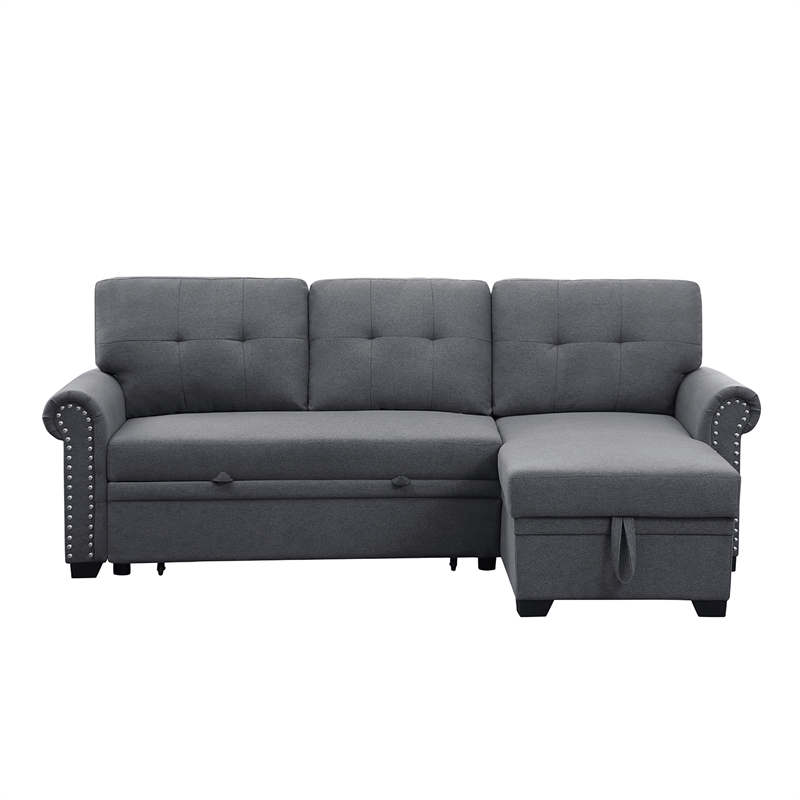 Pemberly Row Reversible Fabric Sleeper Sofa with Storage Chaise in Dark Gray