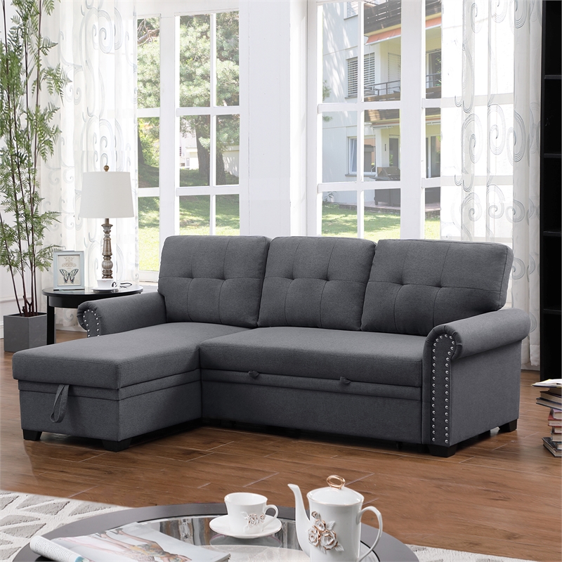 Pemberly Row Reversible Fabric Sleeper Sofa with Storage Chaise in Dark Gray
