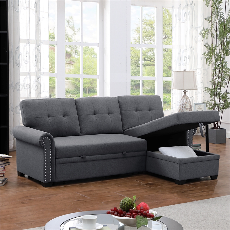Pemberly Row Reversible Fabric Sleeper Sofa with Storage Chaise in Dark Gray