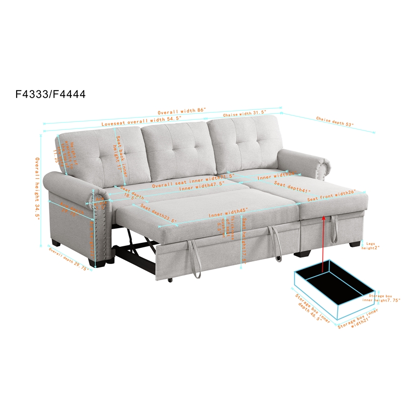 Pemberly Row Reversible Fabric Sleeper Sofa with Storage Chaise in Dark Gray