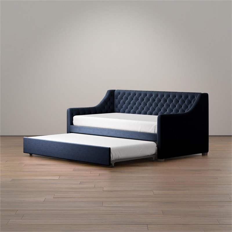 Pemberly Row Modern Twin Daybed and Trundle in Blue Velvet