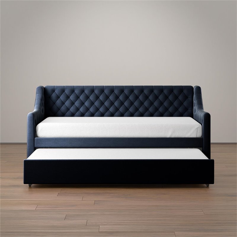 Pemberly Row Modern Twin Daybed and Trundle in Blue Velvet