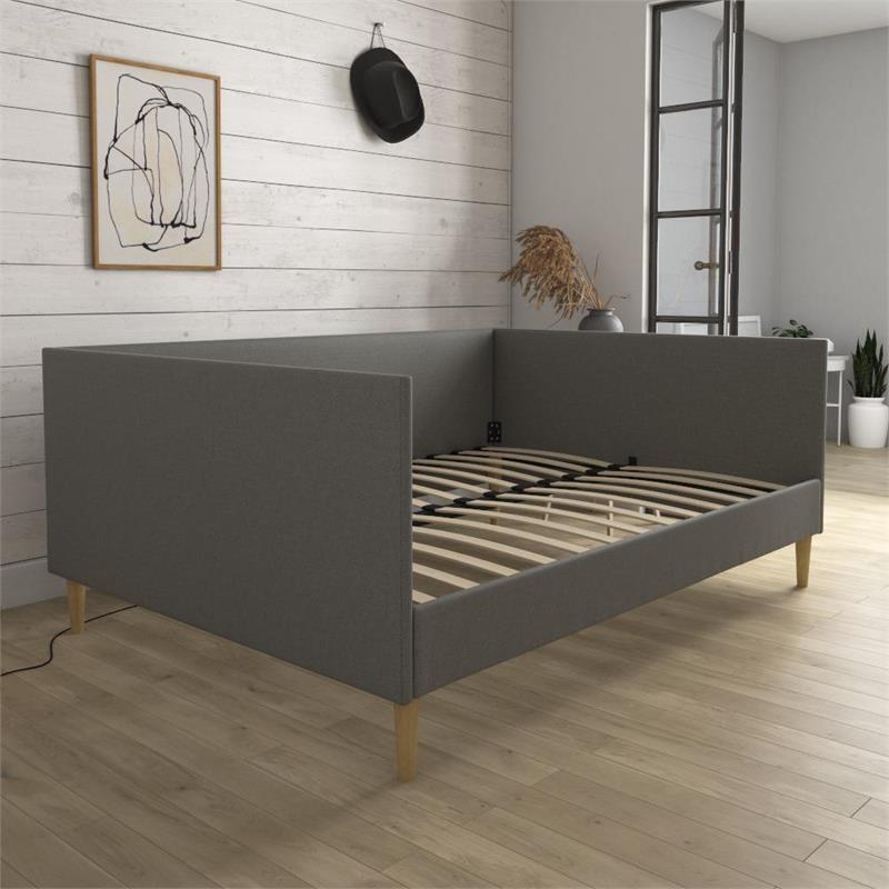 Pemberly Row Mid Century Upholstered Daybed Full Size in Grey Linen