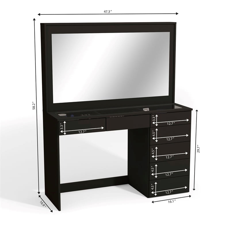 Pemberly Row 7-Drawer Modern Wood Built-In Lights Makeup Desk in Black