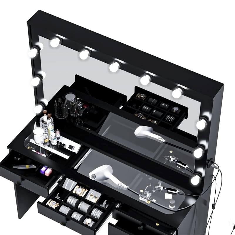 Pemberly Row 7-Drawer Modern Wood Built-In Lights Makeup Desk in Black