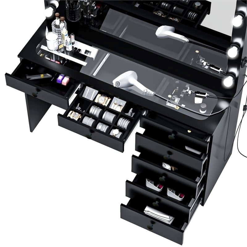 Pemberly Row 7-Drawer Modern Wood Built-In Lights Makeup Desk in Black