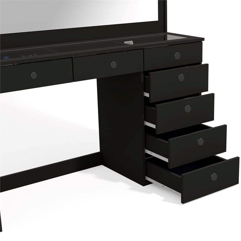 Pemberly Row 7-Drawer Modern Wood Built-In Lights Makeup Desk in Black