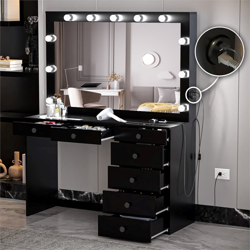 Pemberly Row 7-Drawer Modern Wood Built-In Lights Makeup Desk in Black