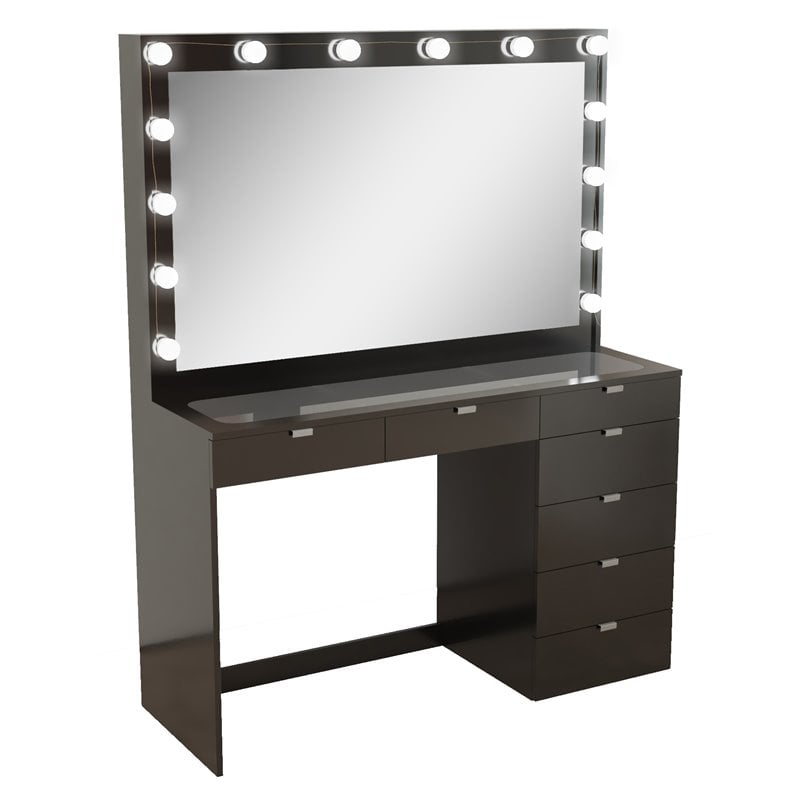 Pemberly Row 7-Drawer Modern Wood Built-In Lights Makeup Desk in Black