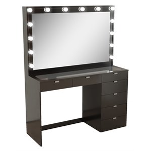 Pemberly Row 7-Drawer Modern Wood Built-In Lights Makeup Desk in Black