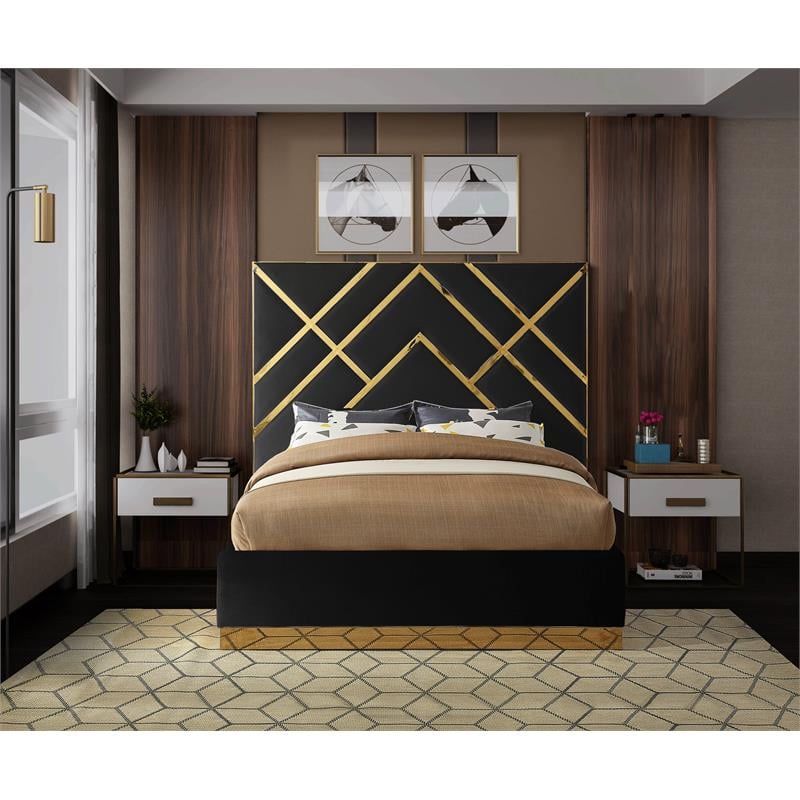 Pemberly Row Contemporary Rich Velvet King Bed in Black Finish