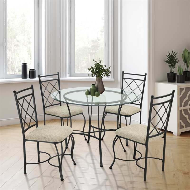 Pemberly Row Transitional Glass Top Metal 5 Piece Dinette in Black