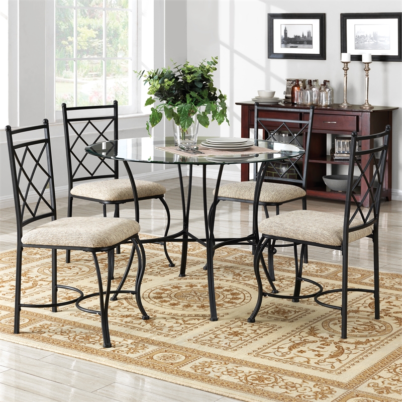 Pemberly Row Transitional Glass Top Metal 5 Piece Dinette in Black