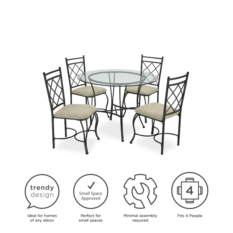 Pemberly Row Transitional Glass Top Metal 5 Piece Dinette in Black