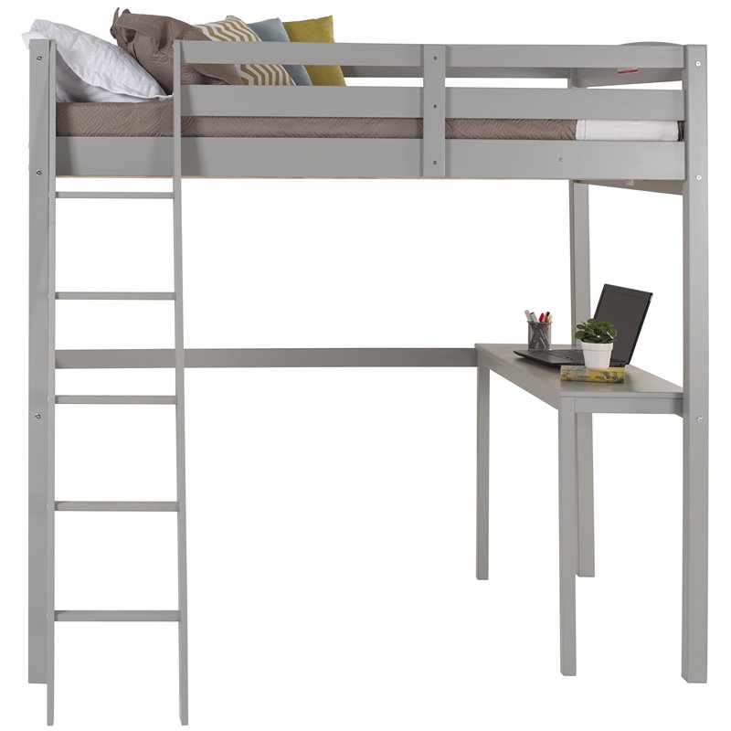 Pemberly Row Solid Pine Wood High Loft Bed Twin with Desk in Gray