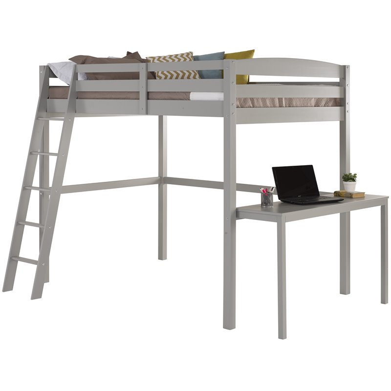 Pemberly Row Solid Pine Wood High Loft Bed Twin with Desk in Gray