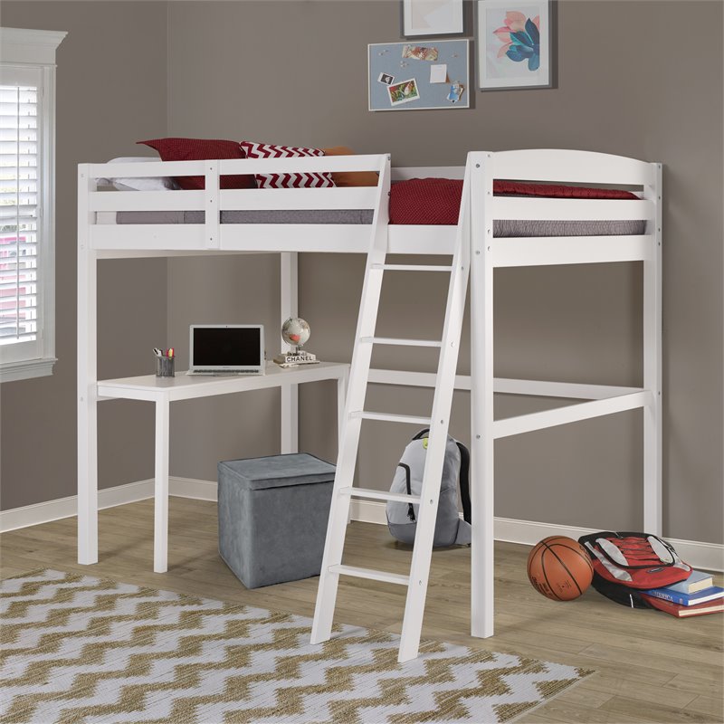 Pemberly Row Solid Pine Wood High Loft Bed Twin with Desk in White
