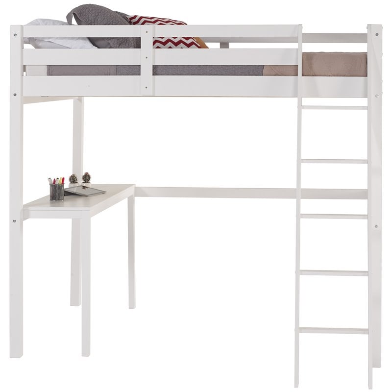 Pemberly Row Solid Pine Wood High Loft Bed Twin with Desk in White