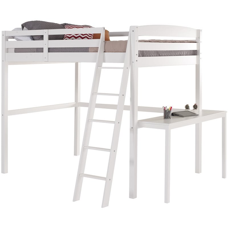 Pemberly Row Solid Pine Wood High Loft Bed Twin with Desk in White