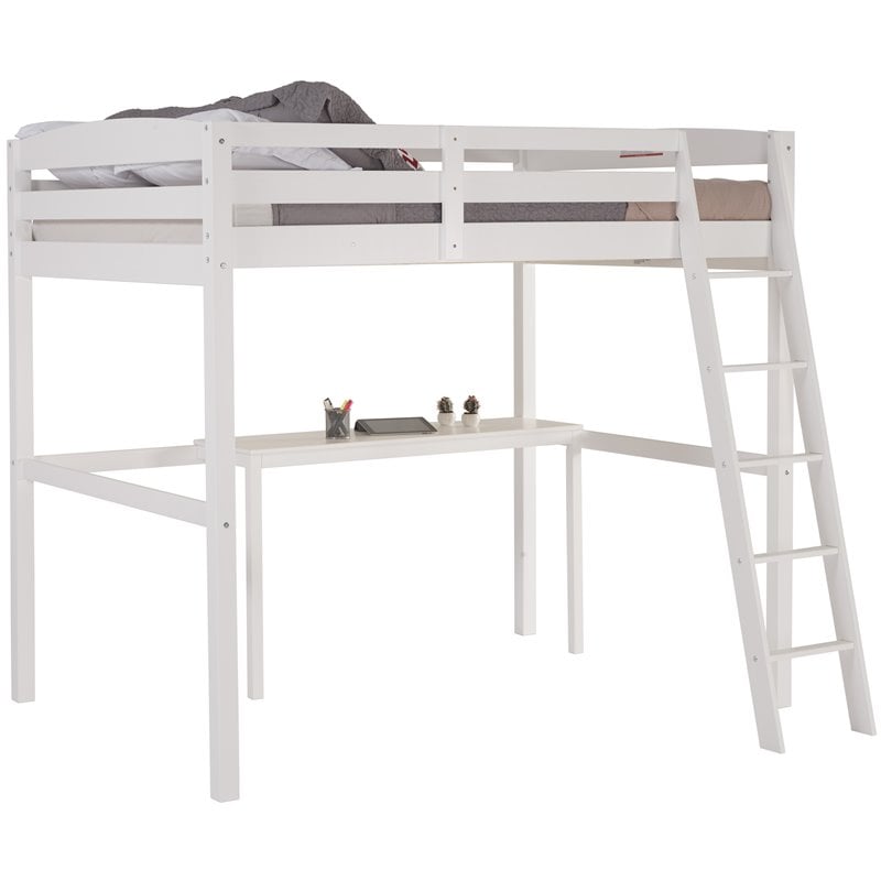 Pemberly Row Solid Pine Wood High Loft Bed Twin with Desk in White