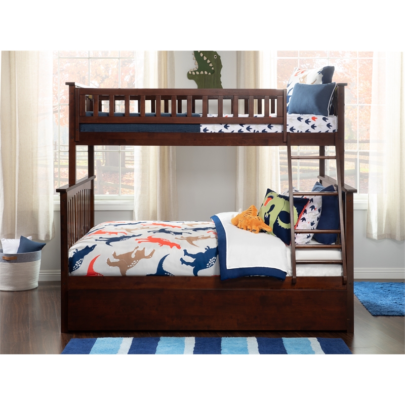 Pemberly Row Twin over Full Solid Wood Bunk Bed with Trundle in Walnut