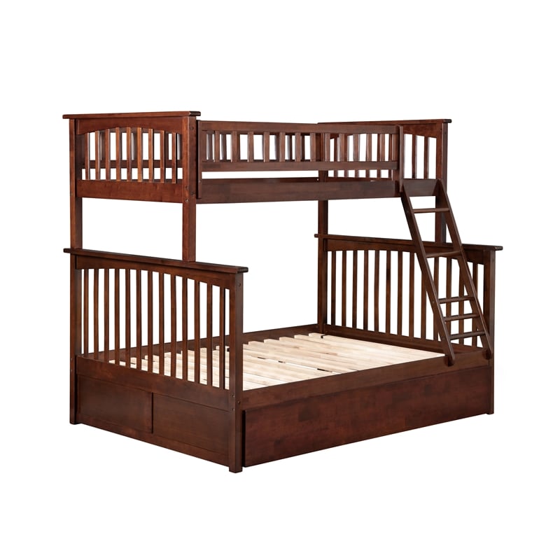 Pemberly Row Twin over Full Solid Wood Bunk Bed with Trundle in Walnut