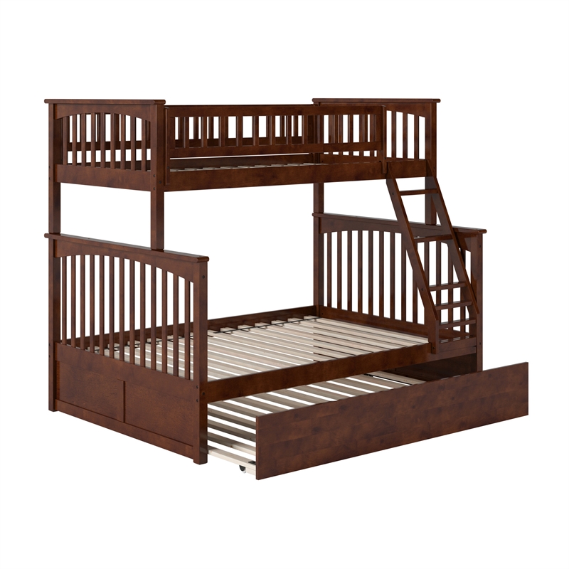 Pemberly Row Twin over Full Solid Wood Bunk Bed with Trundle in Walnut