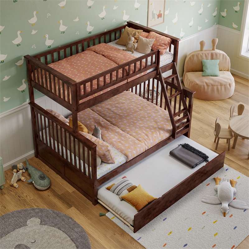 Pemberly Row Twin over Full Solid Wood Bunk Bed with Trundle in Walnut