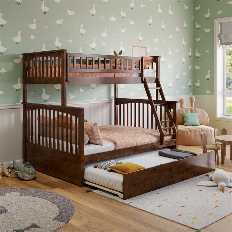 Pemberly Row Twin over Full Solid Wood Bunk Bed with Trundle in Walnut