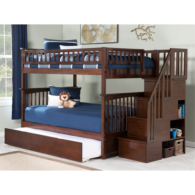 Pemberly Row Full over Full Solid Wood Bunk Bed with Trundle in Walnut