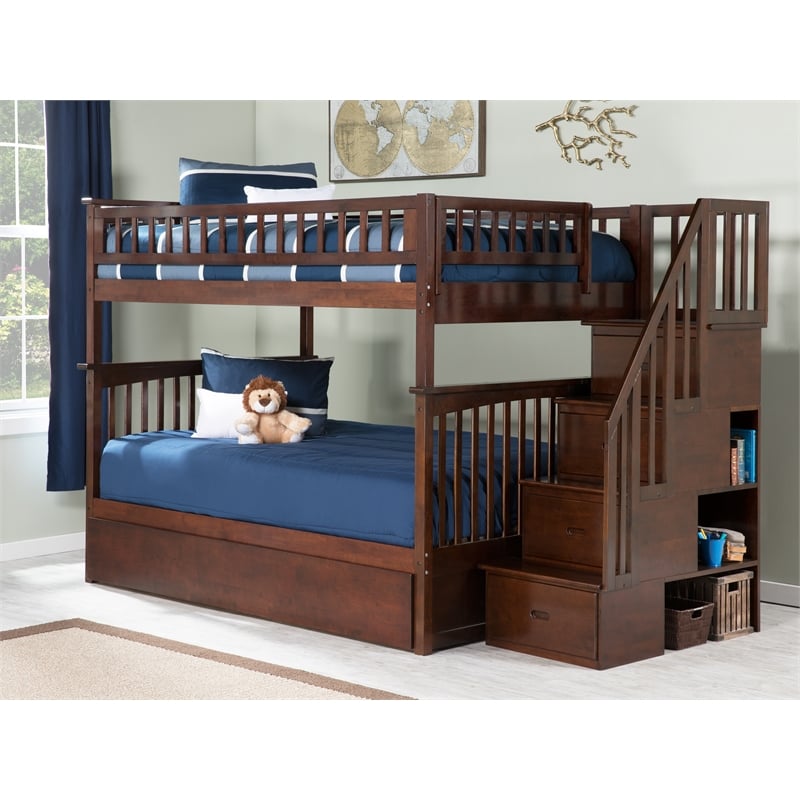 Pemberly Row Full over Full Solid Wood Bunk Bed with Trundle in Walnut