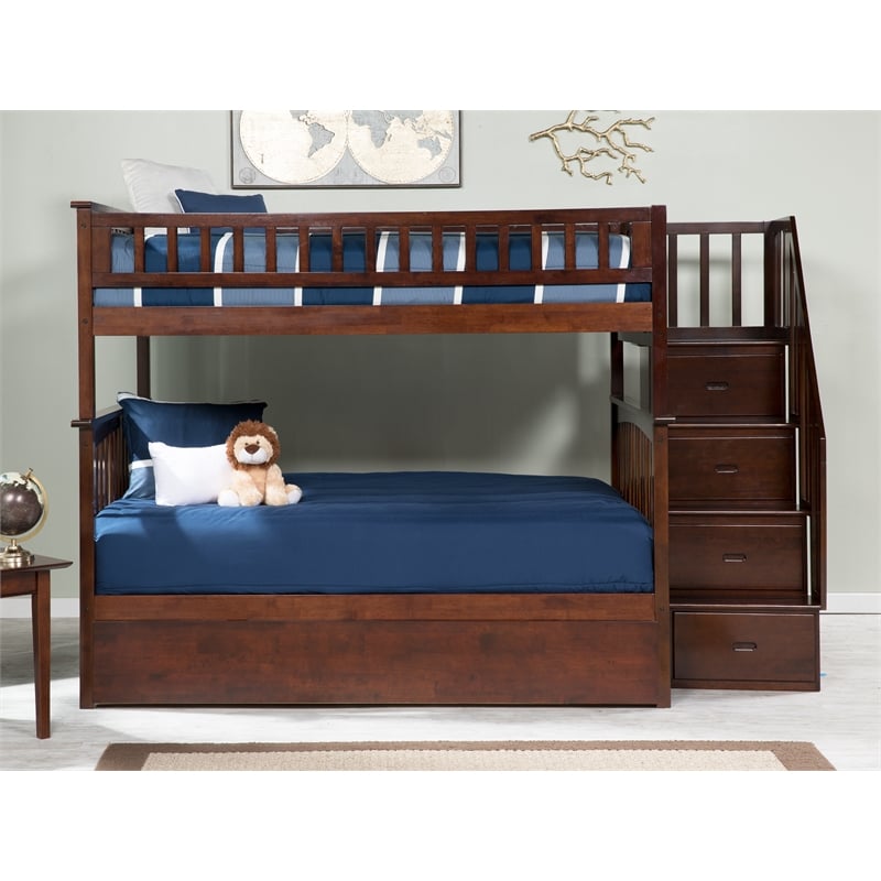 Pemberly Row Full over Full Solid Wood Bunk Bed with Trundle in Walnut