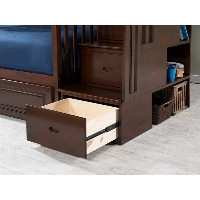Pemberly Row Full over Full Solid Wood Bunk Bed with Trundle in Walnut