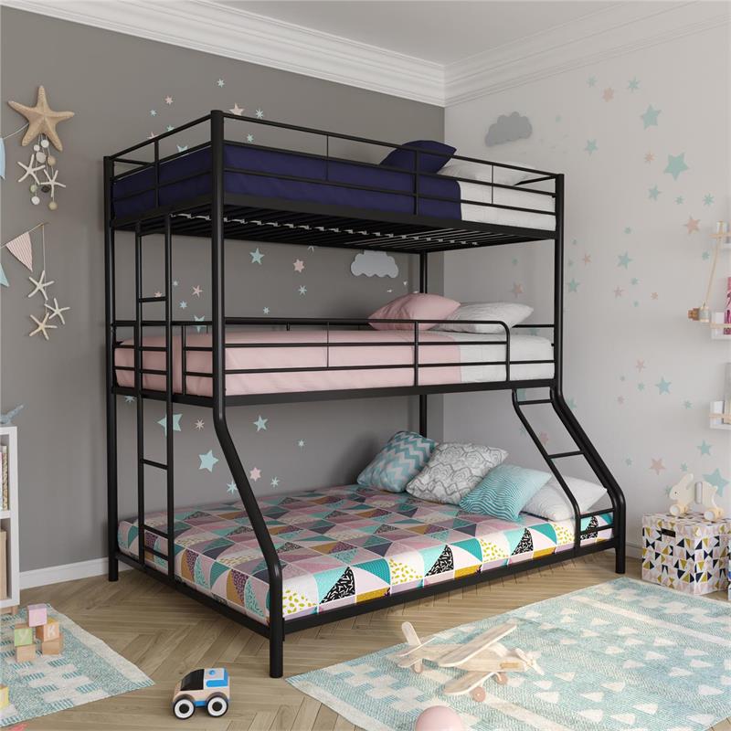 Pemberly Row Metal Triple Bunk Bed Bed for Kids Twin/Twin/Full in Black